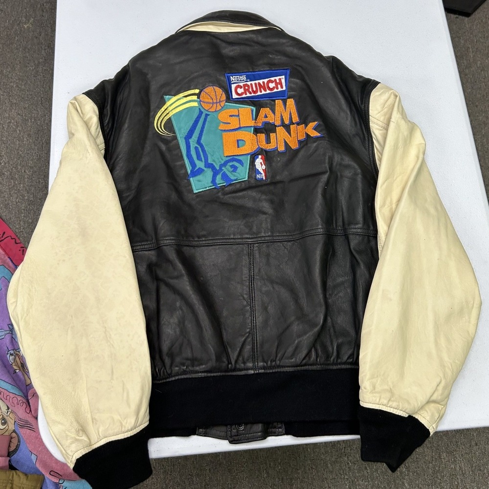 Excelled Leather Varsity Jacket Mens XL Black Cream Nestle Crunch NBA Slam Dunk
